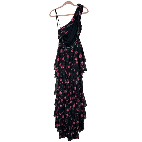 NWT Mac Duggal One Shoulder Ruffle Rose Layered High Low Gown Black 4 #A0553-54 - Picture 3 of 8